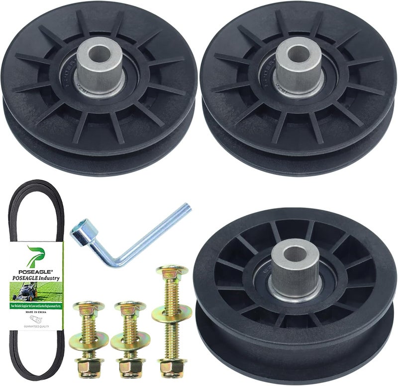 POSEAGLE 2 Pack 532194326 V-Groove Idler Pulley with 532194327 Flat Idler Pulley 532140218 Belt 1/2x84 and Hardware Kit for Husqvarna GTH2448T GTH2454T GTH2648 YTH1848XPT YTH2548XP Lawn Tractors - Image 1